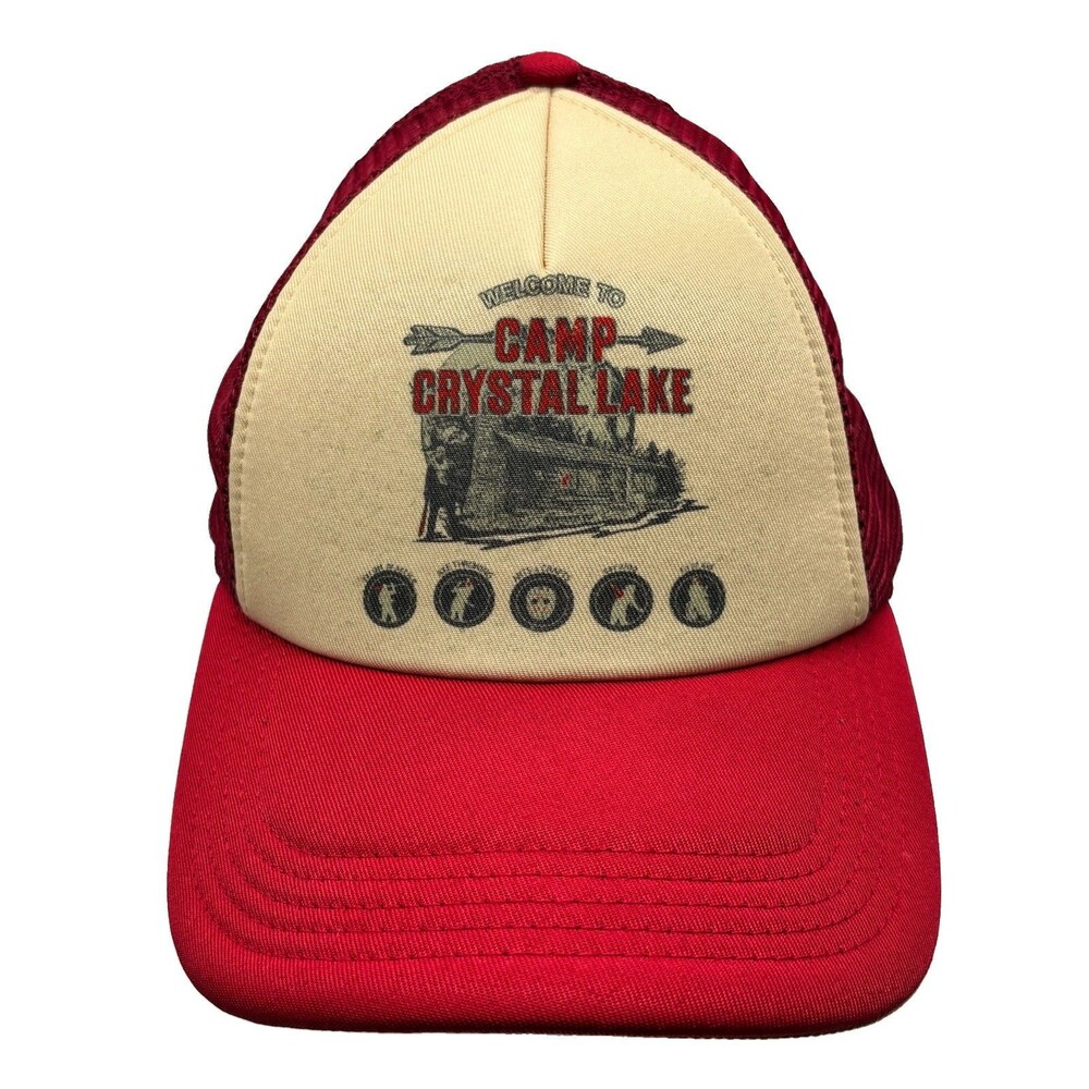 Friday The 13th Camp Crystal Lake Trucker Hat Snapback Red Beige Mesh Horror